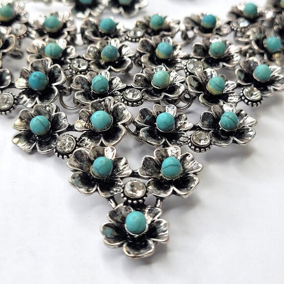 Silver Turquoise Rhinestone Flower Bib Necklace - Picture 5 of 16